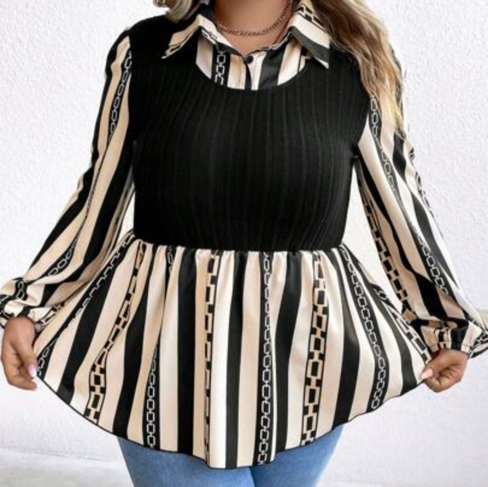 Shein Lune plus striped and chain print lantern sleeve peplum 2 in 1 top.